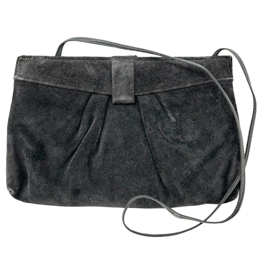Vintage Grey Suede Leather Hinged
Frame Clutch Oyster Purse with Strap 80s 90s